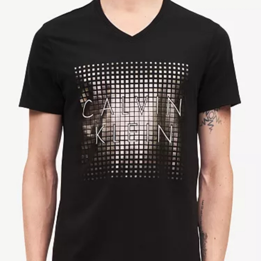 Calvin Klein Mens Black And Gold Foil Logo Graphic Print Short Sleeve Tee Size M